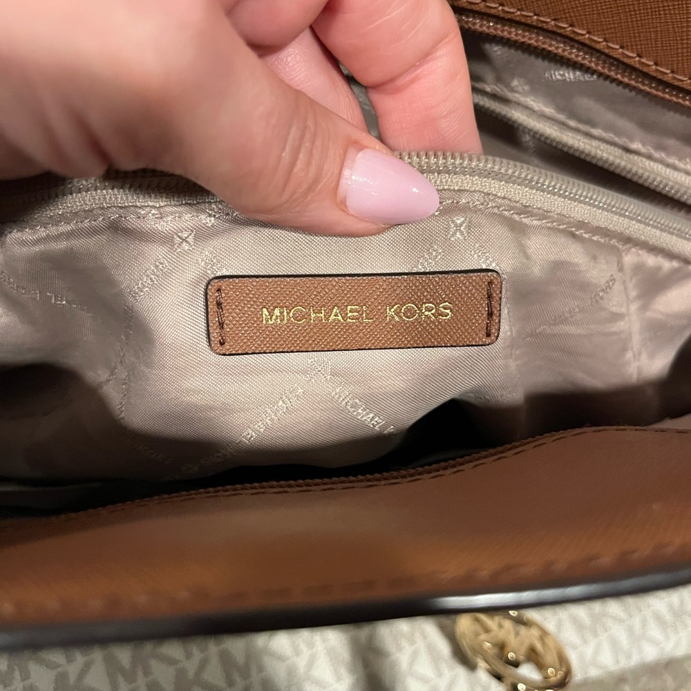 Michael Kors Leather White and Brown MK Logo Tote - Picture 2 of 7
